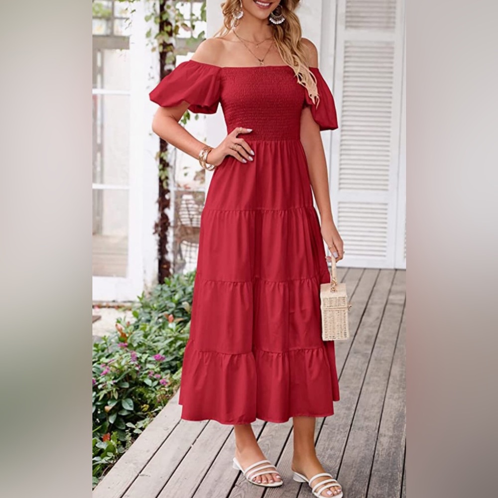 Red Boho Maxi Dress, On/Off Shoulders, Size XL